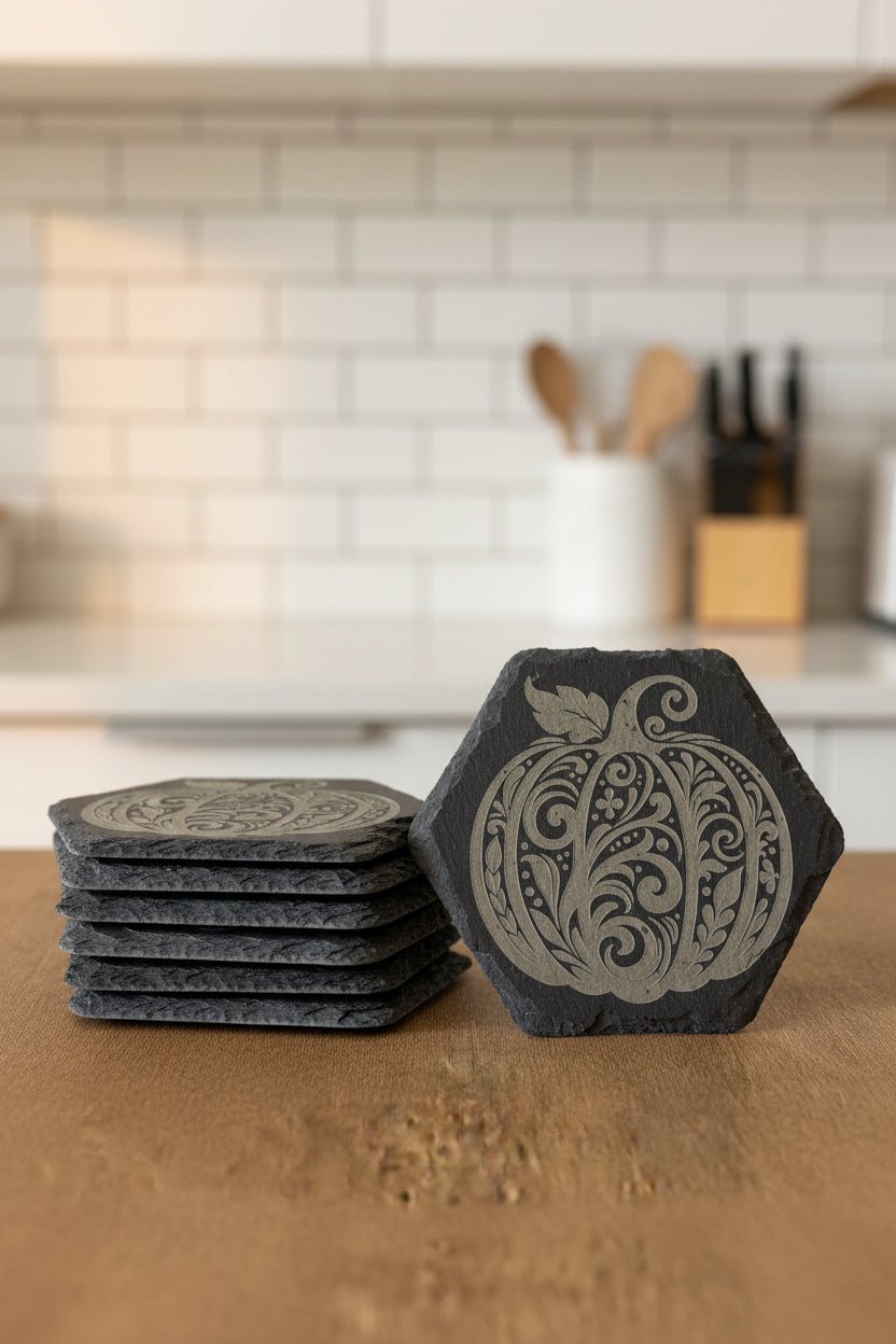 Swirled Pumpkin - 4" Hexagon Engraved Natural Slate Coaster