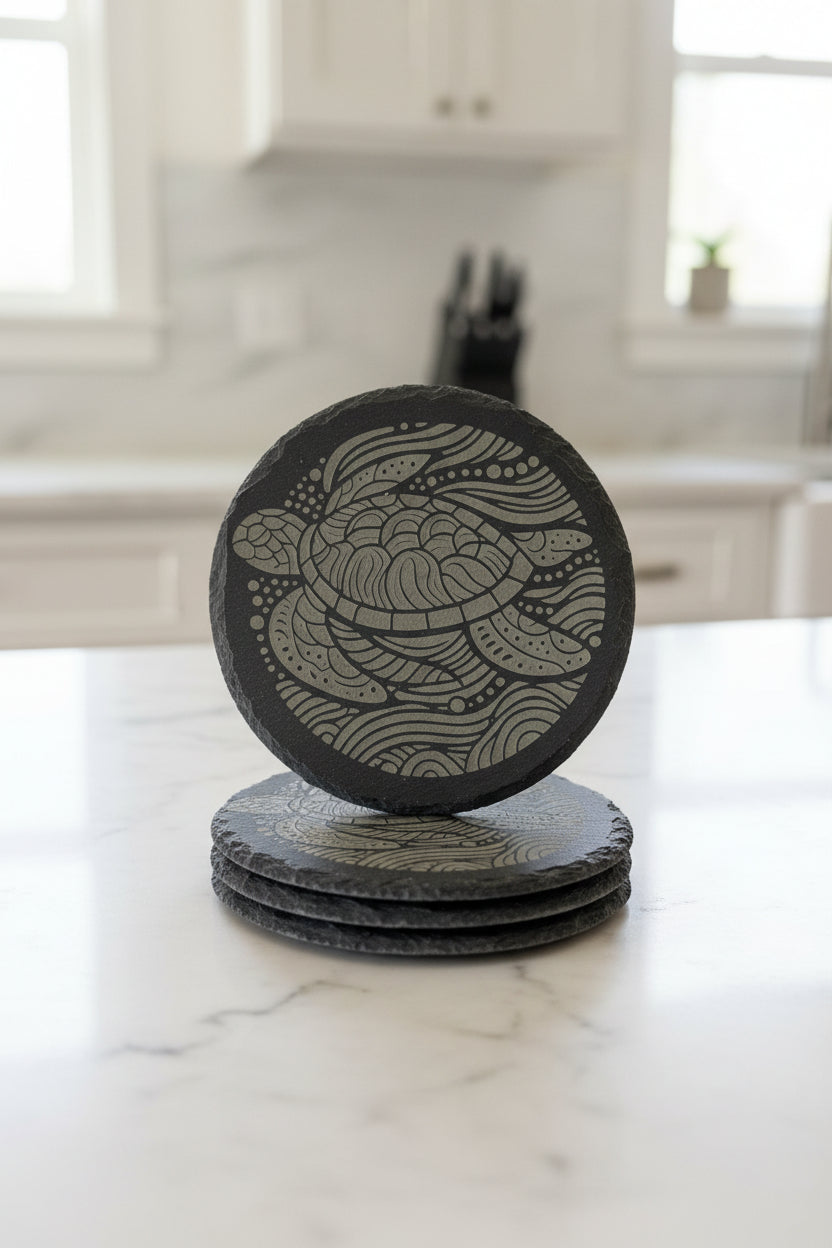 Swirling Shell Sensation - 4" Round Engraved Natural Slate Coaster