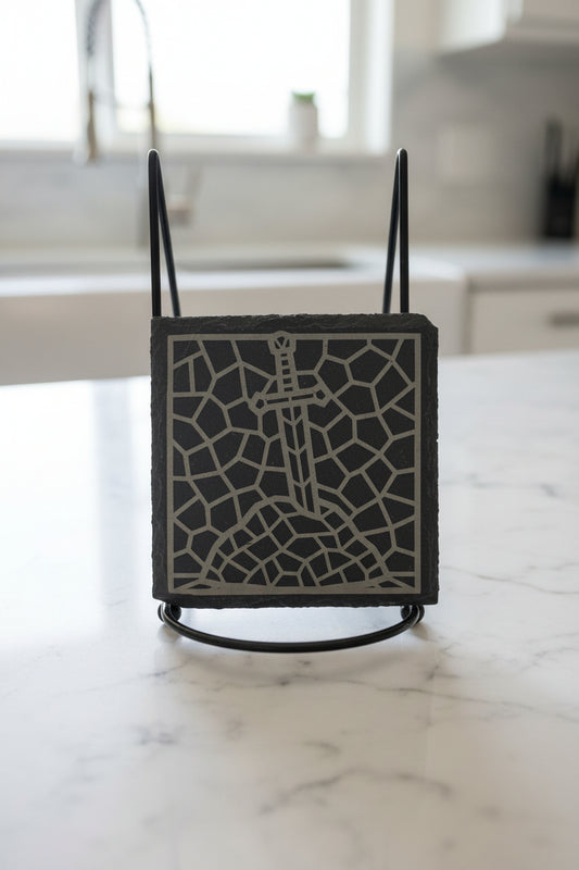 Sword In The Stone - 4" Square Engraved Natural Slate Coaster