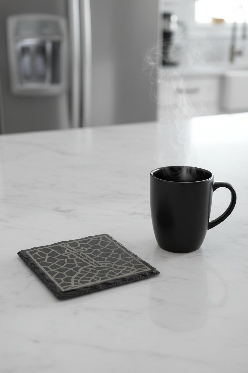 Sword In The Stone - 4" Square Engraved Natural Slate Coaster
