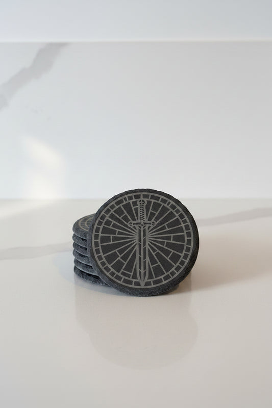 Sword Of Sunburst - 4" Round Engraved Natural Slate Coaster