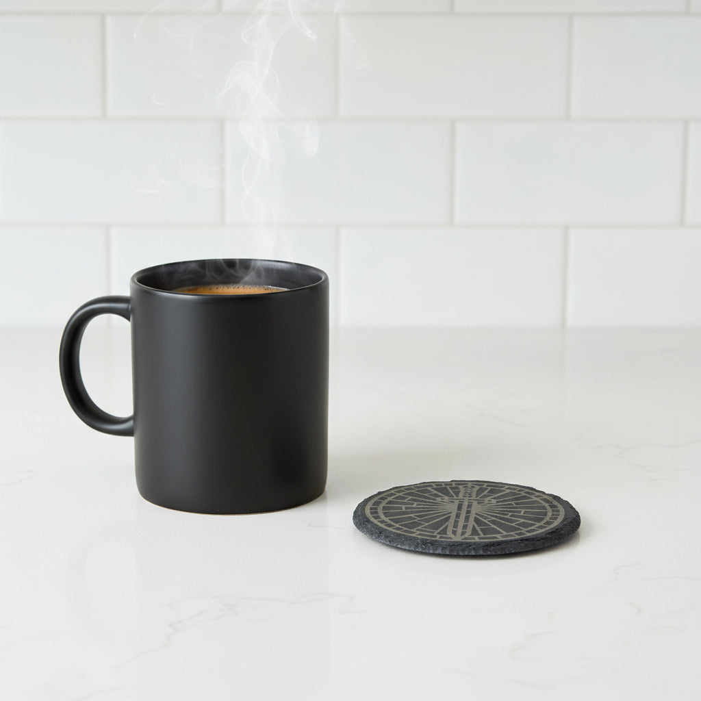 Sword Of Sunburst - 4" Round Engraved Natural Slate Coaster