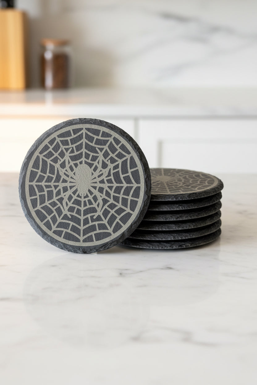 Web of the Spider - 4" Round Engraved Natural Slate Coaster