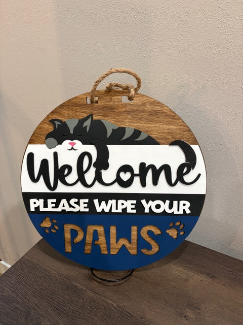 14" Round Welcome Please Wipe Your Paws - Door Hanger