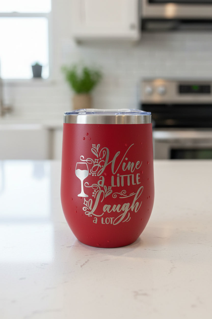 Wine Alittle Laugh Alot - 12 oz Engraved Wine Tumbler