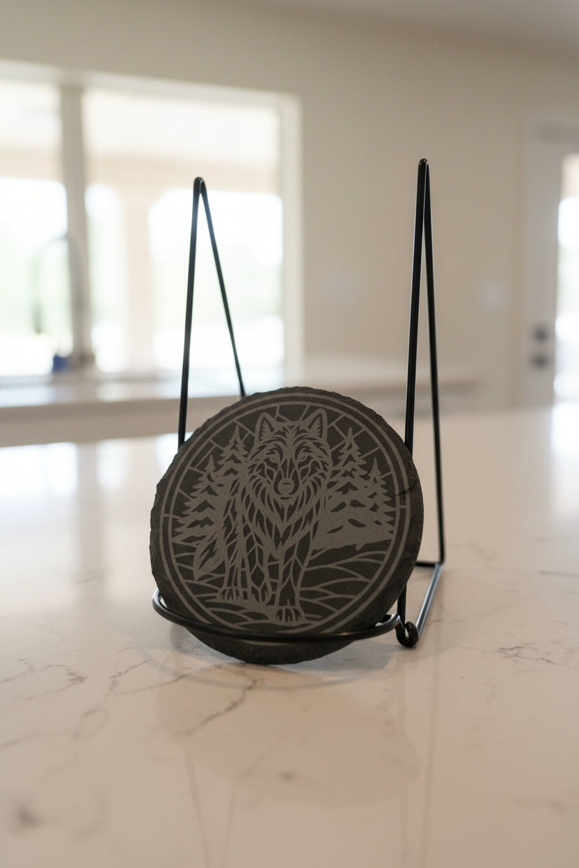 Majestic Wolf - 4" Round Engraved Natural Slate Coaster