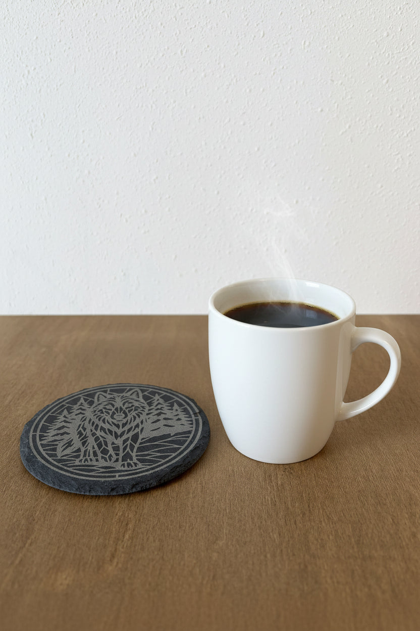 Majestic Wolf - 4" Round Engraved Natural Slate Coaster