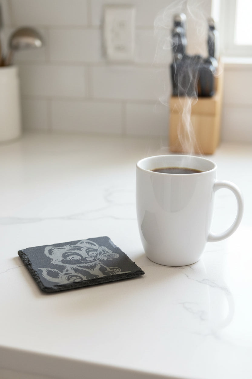 Wolf Pup and Butterfly - 4" Square Engraved Natural Slate Coaster