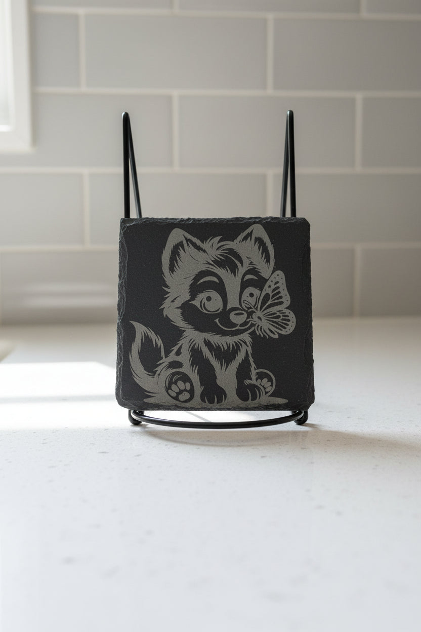 Wolf Pup and Butterfly - 4" Square Engraved Natural Slate Coaster