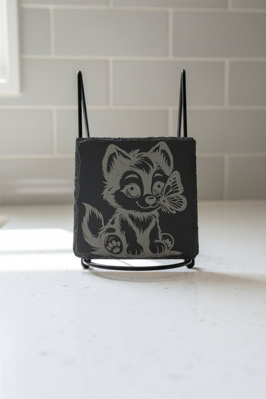 Wolf Pup and Butterfly - 4" Square Engraved Natural Slate Coaster